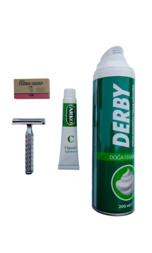Derby Tras Kopugu Orak paslanmaz krom tras makinasi Perma Sharp Yaprak Jilet Arko Nem Klasik cilt besleyici Yagli Krem 20 cc Tras Seti
