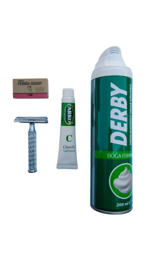 Derby Tras Kopugu paslanmaz krom Yuma tras makinasi Perma Sharp Yaprak Jilet Arko Nem Klasik cilt besleyici Yagli Krem 20 cc Tras Seti