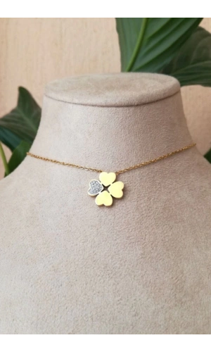 dort yaprakli yonca tasarim ince gold zincirli altin renkli zirkon tasli kaliteli paslanmaz celik kolye stainless stell