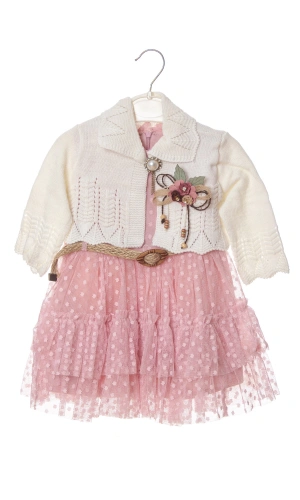 elegan pembe renkli bolerolu tullu astarli pamuklu kaliteli uzun kollu kiz cocuk elbise