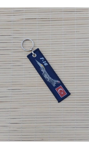 F-16 Turk Hava Kuvvetleri yazili Lacivert beyaz nakis islemeli bez anahtarlik