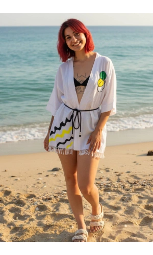 geleneksel tahta baski keten dokuma beyaz renk popart desenli uzun kollu kimono plaj elbisesi gomlek