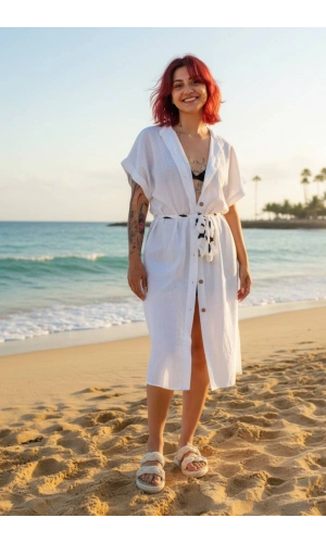 geleneksel tahta baski keten dokuma beyaz renk tribal desenli kisa kollu plaj elbisesi gomlek