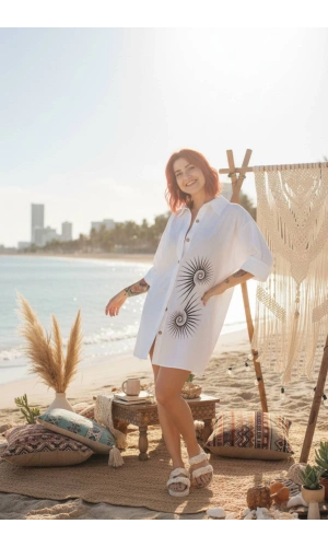 geleneksel tahta baski keten dokuma beyaz renk tribal desenli uzun kollu plaj elbisesi gomlek