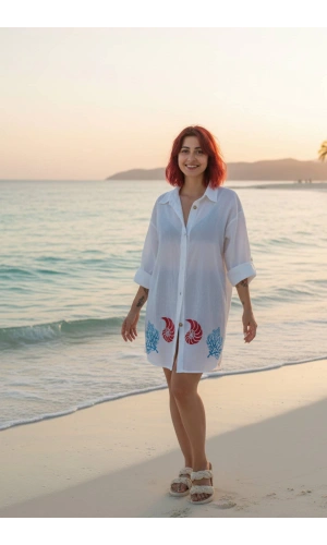 geleneksel tahta baski keten dokuma beyaz renk yunus balik desenli uzun kollu plaj elbisesi gomlek