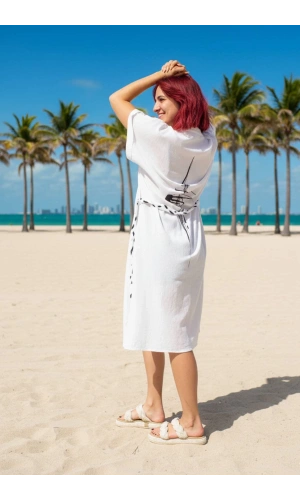 geleneksel tahta baski keten dokuma beyaz renkli imza desenli baskili kisa kollu plaj elbisesi gomlek