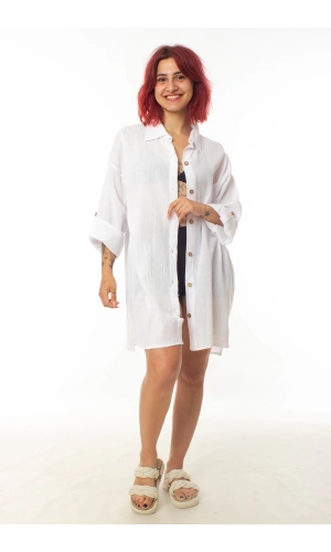 geleneksel tahta baski keten dokuma beyaz renkli tuy desenli baski uzun kollu plaj elbisesi gomlek