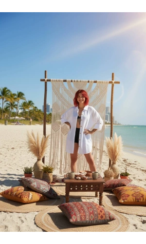 geleneksel tahta baski keten dokuma beyaz renkli tuy desenli baski uzun kollu plaj elbisesi gomlek