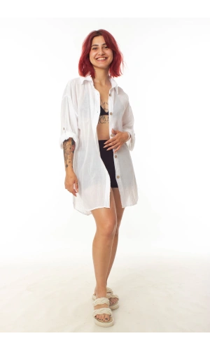 geleneksel tahta baski keten dokuma beyaz renkli yasam cicegi baski uzun kollu plaj elbisesi gomlek