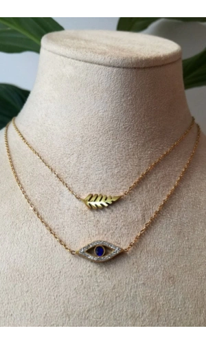 goz nazar boncuklu yaprak tasarim ince gold cift zincirli altin renkli zirkon tasli kaliteli paslanmaz celik kolye stainless stell