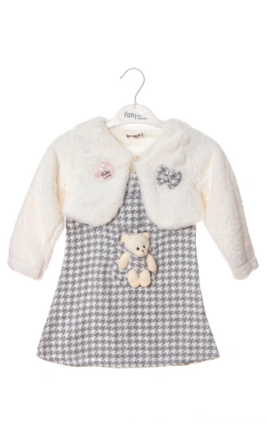 gri beyaz renkli bolerolu yunlu fiyonklu minik ayicik cep detayli kaliteli uzun kollu yunlu elbise