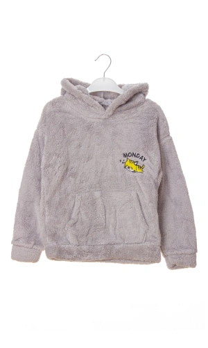 gri renkli uyuyan kedi detayli cepli kapusonlu monday nakisli kaliteli uzun kollu sweatshirt