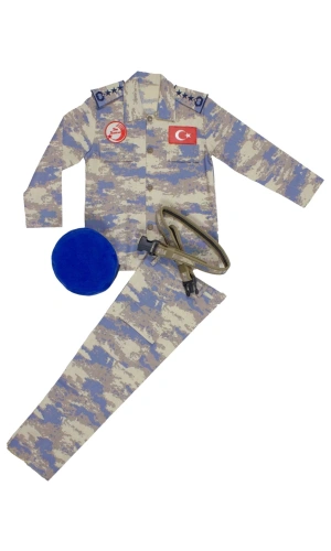 Hava Kuvvetleri Yeni Kamuflaj Renkli Uzun Kollu Mavi Bereli Palaskali Havaci Albay Cocuk Kostum Takimi