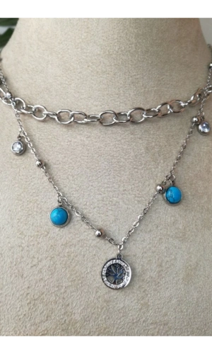 hayat agaci orme kalin cift zincirli tasarim gumus renkli zirkon turkuaz tasli kaliteli paslanmaz celik kolye stainless stell