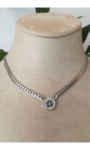 hayat agaci orme kalin zincirli tasarim gumus renkli zirkon tasli kaliteli paslanmaz celik kolye stainless stell