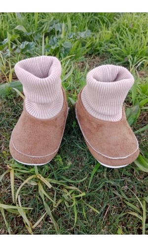 kahve renkli ici pamuklu astarli corapli model organik ortopedik cocuk bebek ilkadim patik panduf ayakkabi