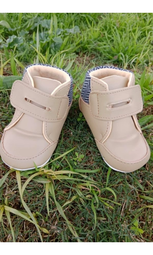 kahve renkli ici pamuklu cirtli bantli kapamali organik unisex cocuk bebek ilkadim patik ayakkabi