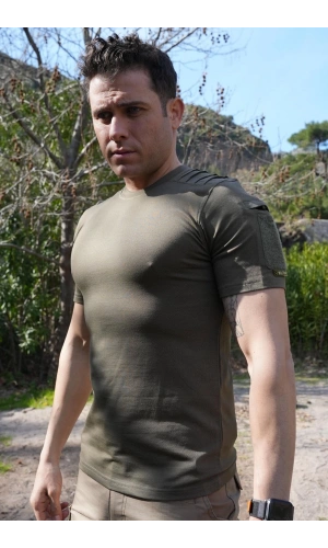 kara kuvvetleri haki renkli dalga desenli model cepli kisa kollu bisiklet yakali operasyon taktik tisort