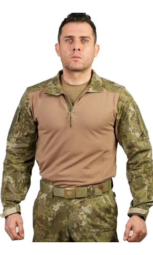 kara kuvvetleri yeni kamuflaj renkli uzun kollu 4 cepli bato yaka ceyrek fermuarli operasyon taktik combat tisort
