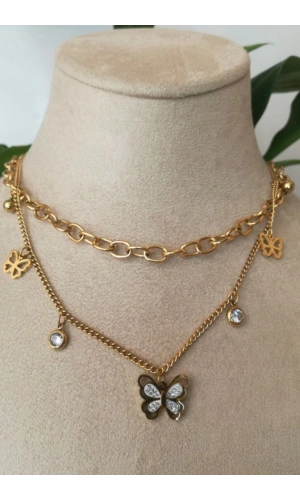 kelebekli tasarim ince gold cift zincirli altin renkli kaliteli paslanmaz celik kolye stainless stell