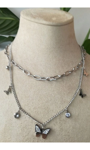 kelebekli tasarim ince silver cift zincirli gumus renkli kaliteli paslanmaz celik kolye stainless stell