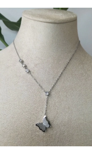 kelebekli tasarim ince silver zincirli gumus renkli zirkon tasli kaliteli paslanmaz celik kolye stainless stell
