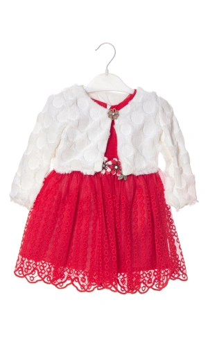 kirmizi beyaz renkli bolerolu yunlu tullu astarli pamuklu kaliteli uzun kollu kiz cocuk elbise