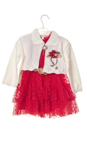 kirmizi beyaz renkli hasir kemerli cicek broslu bolerolu tullu astarli pamuklu kaliteli uzun kollu kiz cocuk elbise