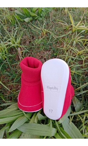 kirmizi renkli ici pamuklu astarli corapli model organik ortopedik cocuk bebek ilkadim patik panduf ayakkabi