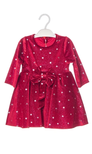 kirmizi renkli tullu varakli simli fiyonk kurdelali yildizli pamuklu uzun kollu elbise