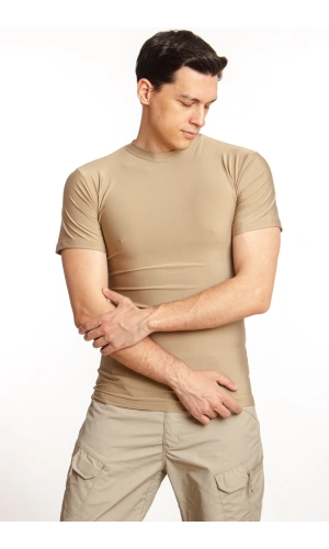 Kisa Kollu Kum Beji Renk Yuvarlak Yakali Microfiber Micro ust Thermal iclik Tisort