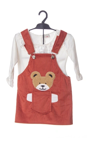 koyu turuncu renkli badili bahcivan elbise ayicik detayli nakisli cepli kaliteli uzun kollu kadife kiyafet