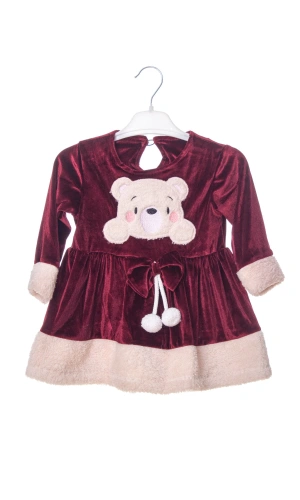 koyu visne renkli bear kadife elbise detayli ayicik nakisli kaliteli uzun kollu elbise