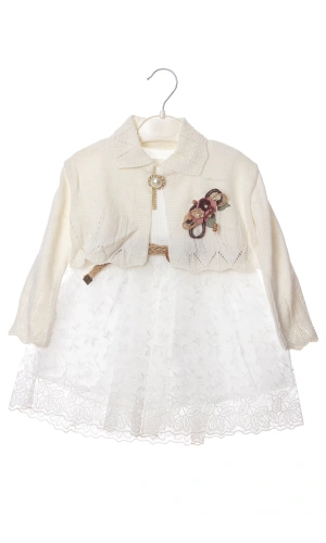 kum beji beyaz renkli hasir kemerli cicek broslu bolerolu tullu astarli pamuklu kaliteli uzun kollu kiz cocuk elbise