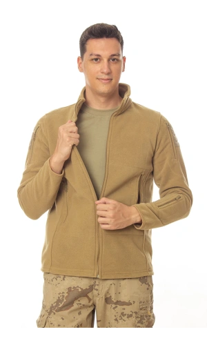 kum beji renkli 5 cepli tam fermuarli uzun kollu bato yaka soguk gecirmez polar mont