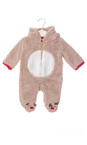 kum beji renkli uzun kollu organik kapusonlu fermuarli sevimli geyik tulum kiyafet