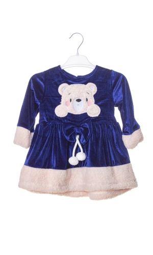 lacivert renkli bear kadife elbise detayli ayicik nakisli kaliteli uzun kollu elbise