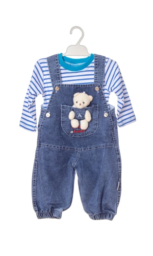 lacivert renkli yavru ayicik detayli cepli pamuklu pacasi lastikli unisex kaliteli kot salopet tulum bahcivan takim