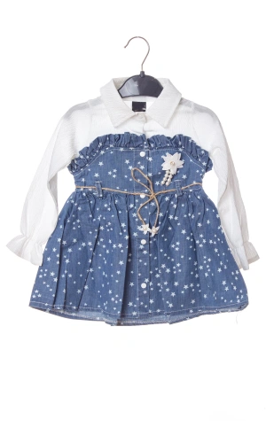 mavi renkli cicek broslu citcitli etek vual brode ici astarli cicek aksesuarli kiz cocuk kot gomlek elbise