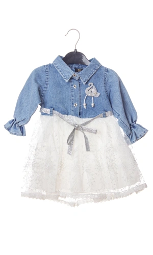 mavi renkli kugulu broslu citcitli etek vual brode ici astarli cicek aksesuarli kiz cocuk kot gomlek elbise