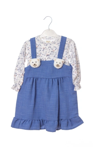 mavi renkli pamuklu yavru ayicik detayli kaliteli etek bluz cocuk takim elbise