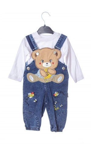 mavi renkli yavru ayicik detayli cepli pamuklu pacasi lastikli unisex kaliteli kot salopet tulum bahcivan takim