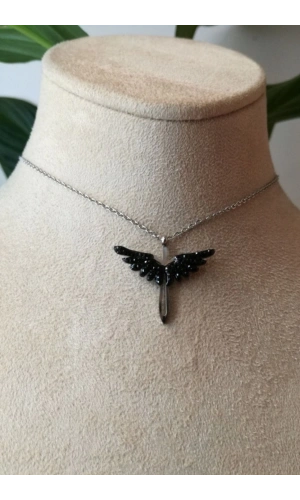 mikail melek kanat tasarim ince silver zincirli gumus renkli zirkon siyah tasli kaliteli paslanmaz celik kolye stainless stell