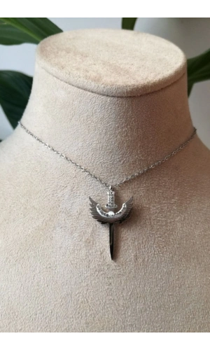 mikail melek kanat tasarim ince silver zincirli gumus renkli zirkon tasli kaliteli paslanmaz celik kolye stainless stell