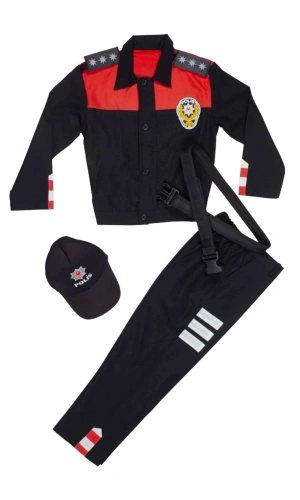 motorize yunus polis yeni model siyah kirmizi renkli uzun kollu siyah sapkali siyah palaskali yunus polis cocuk kostum takimi