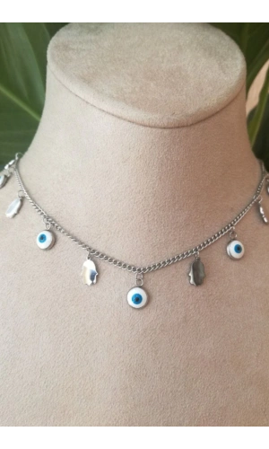 nazar boncuklu goz el tasarim ince silver zincirli gumus renkli kaliteli paslanmaz celik kolye stainless stell