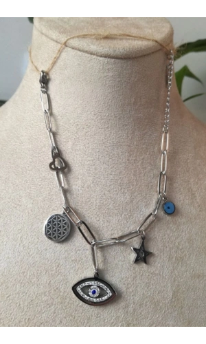 nazar boncuklu goz tasarim kalin silver zincirli gumus renkli zirkon tasli paslanmaz celik bileklik halhal