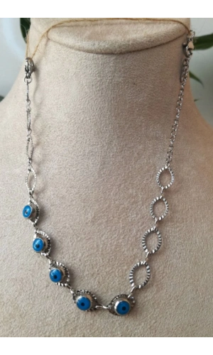 nazar boncuklu tasarim ince silver zincirli gumus renkli zirkon tasli paslanmaz celik bileklik halhal