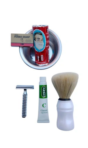 Orak Paslanmaz Krom Tras Makinasi Perma Sharp Yaprak Jilet Arko Tras Berber Sabunu Metal Tras Tasi Sakal Fircasi Arko Nem Klasik cilt besleyici Yagli Krem 20 cc Tras Seti