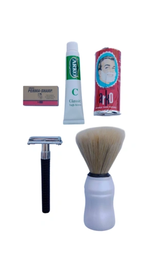 Orak Plastik Sapli Tras Makinasi Perma Sharp Yaprak Jilet Arko Berber Tras Sabunu Sakal Fircasi Arko Nem Klasik cilt besleyici Yagli Krem 20 cc Tras Seti